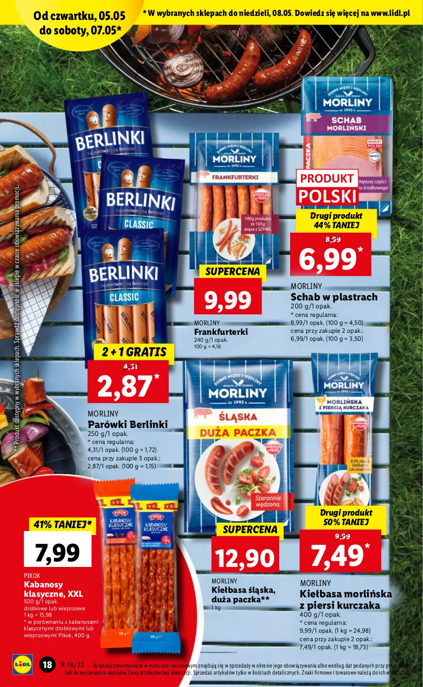 Gazetka promocyjna Lidl - GAZETKA - ważna 05.05 do 07.05.2022 - strona 18 - produkty: Berlinki, Frankfurterki, Gra, Kabanos, Kiełbasa, Kiełbasa śląska, Kurczak, Morliny, Parówki, PIKOK, Por