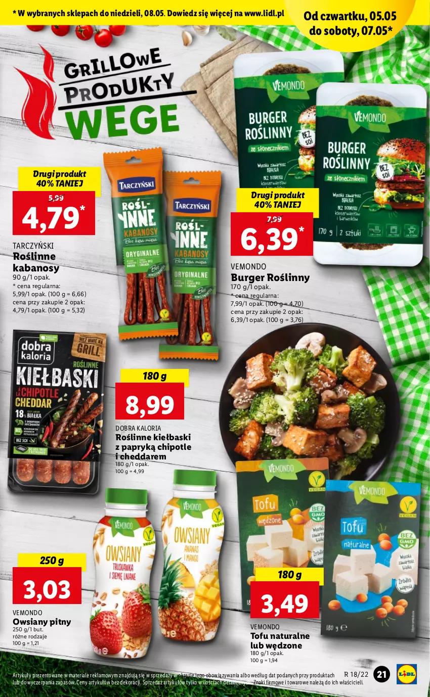 Gazetka promocyjna Lidl - GAZETKA - ważna 05.05 do 07.05.2022 - strona 21 - produkty: Burger, Cheddar, Kabanos, Roślinne kabanosy, Roślinne kiełbaski, Tarczyński, Tofu