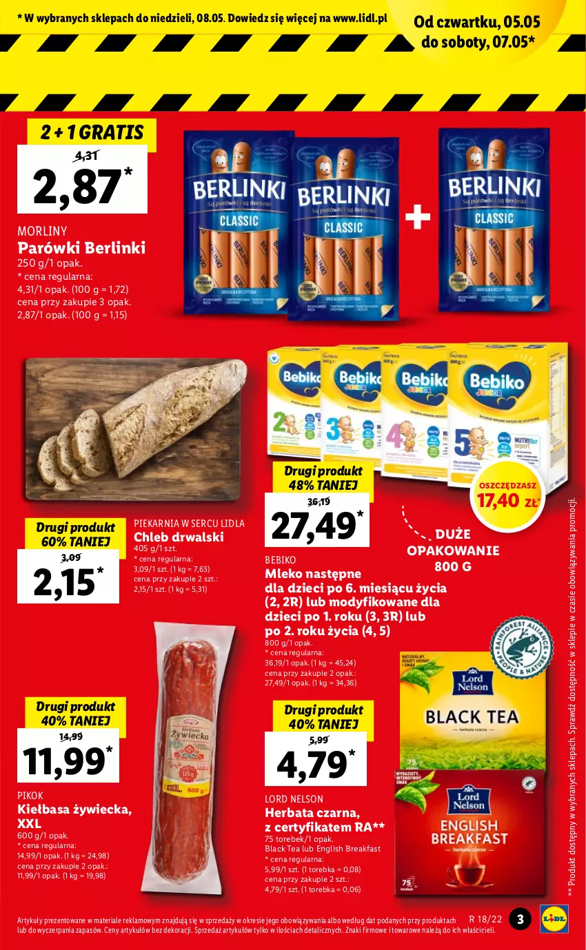 Gazetka promocyjna Lidl - GAZETKA - ważna 05.05 do 07.05.2022 - strona 3 - produkty: Bebiko, Berlinki, Chleb, Dzieci, Fa, Gra, Herbata, Herbata czarna, Kiełbasa, Lack, Mleko, Morliny, O nas, Parówki, PIKOK, Ser, Torebka