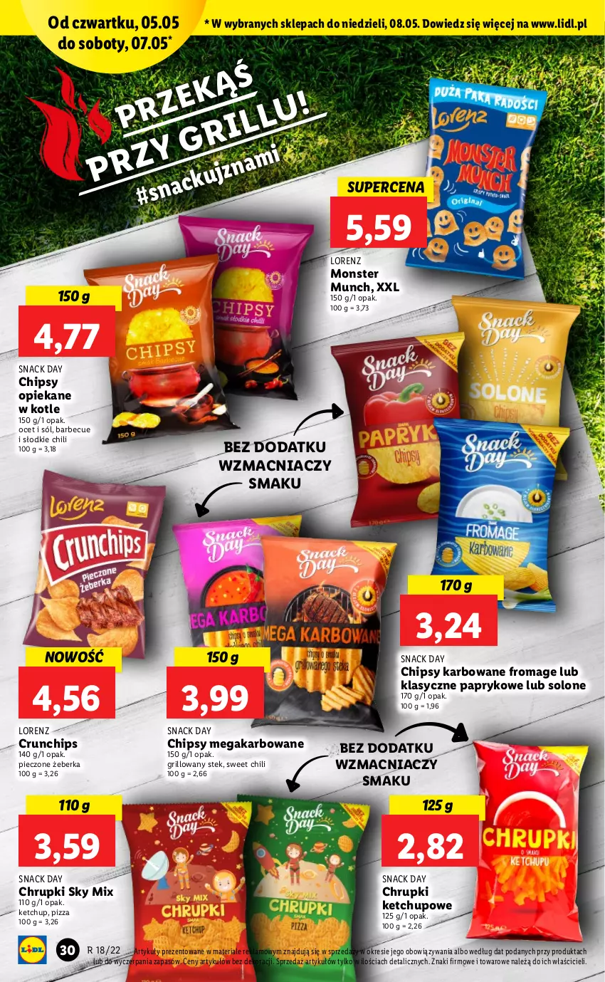 Gazetka promocyjna Lidl - GAZETKA - ważna 05.05 do 07.05.2022 - strona 30 - produkty: Chipsy, Chrupki, Crunchips, Grill, Ketchup, Lorenz, Monster Munch, Ocet, Piec, Pizza, Sól, Stek