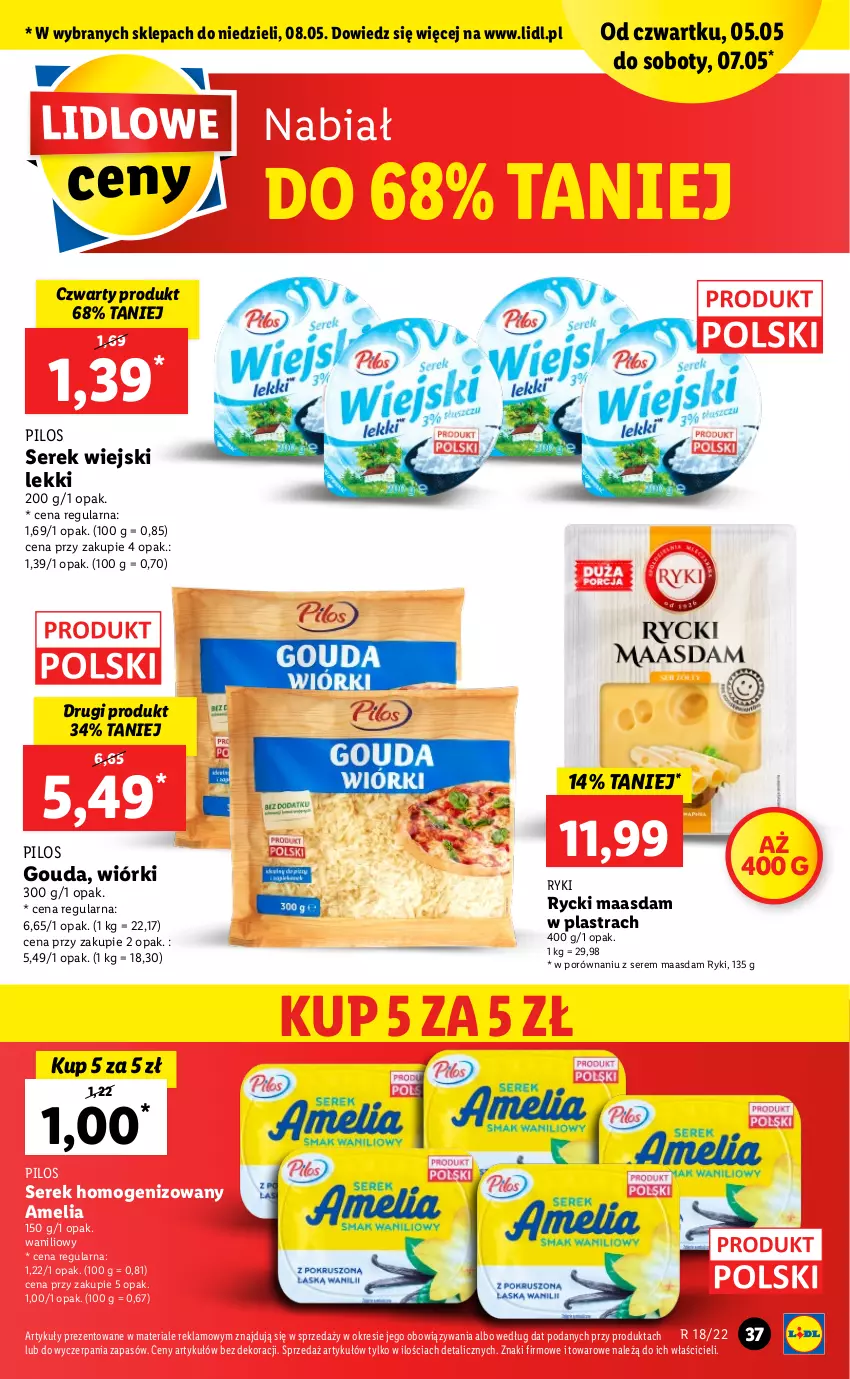 Gazetka promocyjna Lidl - GAZETKA - ważna 05.05 do 07.05.2022 - strona 37 - produkty: Gouda, Maasdam, Pilos, Por, Ser, Serek, Serek homogenizowany, Serek wiejski