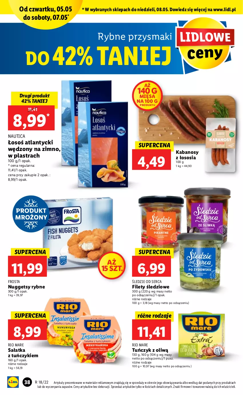 Gazetka promocyjna Lidl - GAZETKA - ważna 05.05 do 07.05.2022 - strona 38 - produkty: Frosta, Kabanos, Przysmaki, Rio Mare, Sałat, Sałatka, Ser, Sos, Tuńczyk