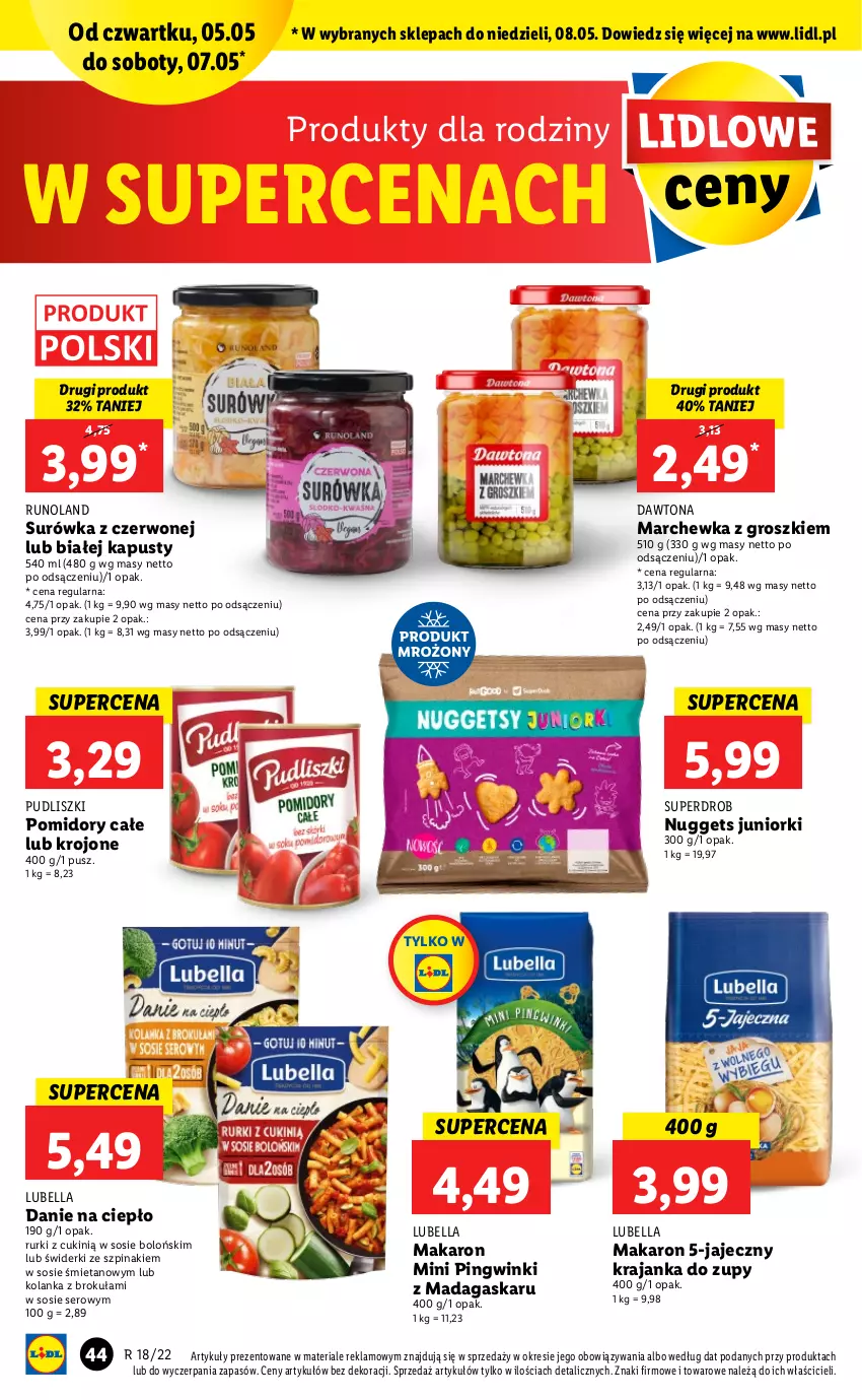 Gazetka promocyjna Lidl - GAZETKA - ważna 05.05 do 07.05.2022 - strona 44 - produkty: Bell, Bella, Dawtona, Lubella, Makaron, Marchewka, Pingwin, Pomidory, Pudliszki, Runoland, Rurki, Ser, Sos, Surówka, Szpinak