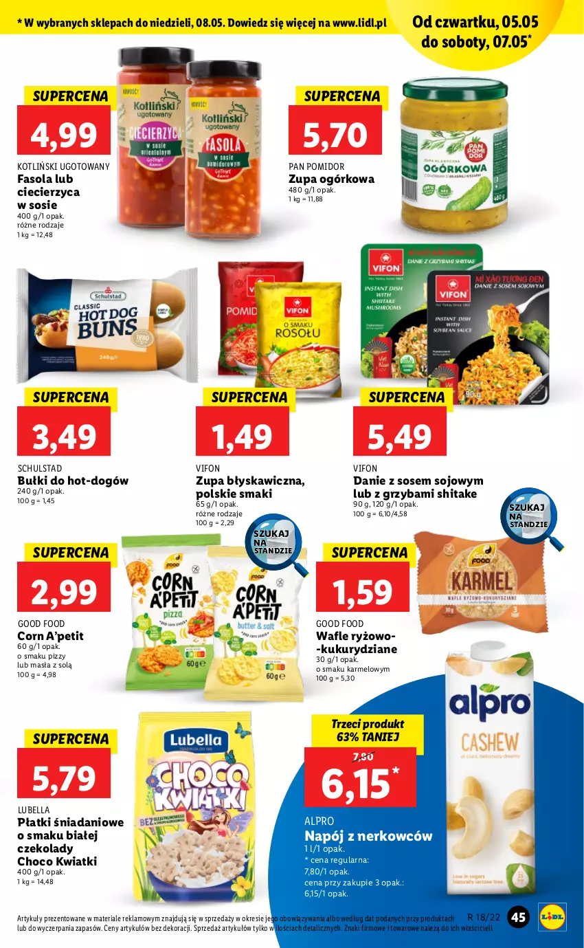 Gazetka promocyjna Lidl - GAZETKA - ważna 05.05 do 07.05.2022 - strona 45 - produkty: Alpro, Bell, Bella, Danio, Fa, Fasola, Lubella, Napój, Ryż, Sos, Wafle, Zupa, Zupa ogórkowa