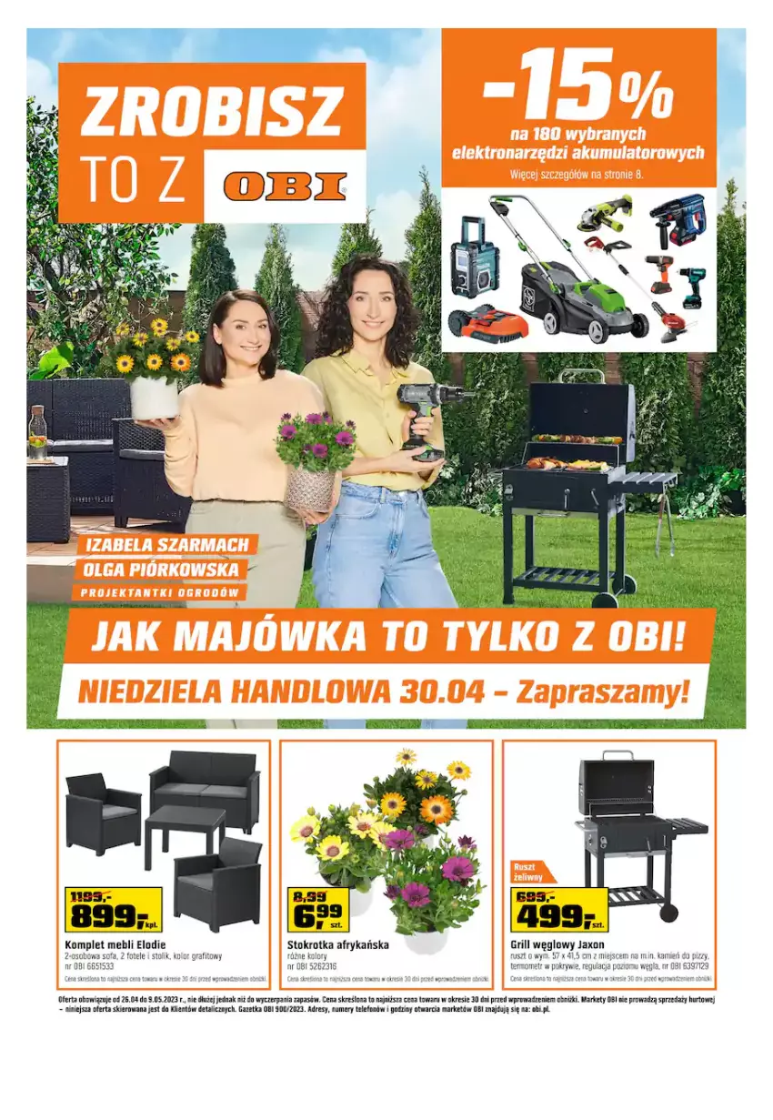 Gazetka promocyjna Obi - Gazetka OBI - ważna 26.04 do 09.05.2023 - strona 1 - produkty: Dres, Fa, Fotel, Gra, Grill, Kret, Sofa, Stolik, Telefon, Termometr