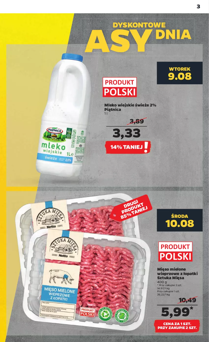 Gazetka promocyjna Netto - Artykuły spożywcze - ważna 08.08 do 13.08.2022 - strona 3 - produkty: Mięso, Mięso mielone, Mleko, Piątnica