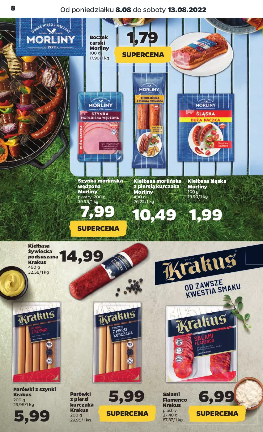 Gazetka promocyjna Netto - Artykuły spożywcze - ważna 08.08 do 13.08.2022 - strona 8 - produkty: Boczek, Cars, Kiełbasa, Kiełbasa śląska, Krakus, Kurczak, Morliny, Parówki, Parówki z piersi kurczaka, Parówki z szynki, Salami, Szynka