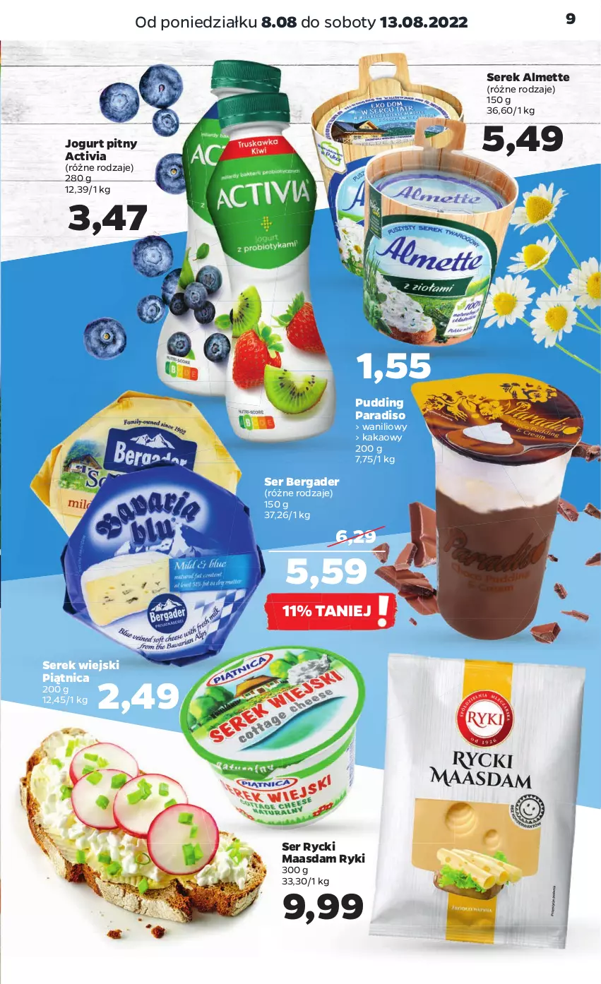 Gazetka promocyjna Netto - Artykuły spożywcze - ważna 08.08 do 13.08.2022 - strona 9 - produkty: Activia, Almette, Jogurt, Jogurt pitny, Kakao, Maasdam, Piątnica, Pudding, Ser, Serek, Serek wiejski