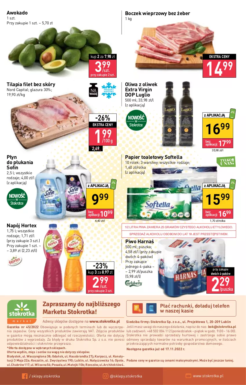 Gazetka promocyjna Stokrotka - Market - ważna 10.11 do 16.11.2022 - strona 12 - produkty: Boczek, Boczek wieprzowy, Dres, Gin, Glazura, Gra, Harnaś, Hortex, JBL, Karp, Kosz, Lazur, Napój, O nas, Oliwa z oliwek, Papier, Papier toaletowy, Piwa, Piwo, Płyn do płukania, Ser, Szal, Telefon, Tilapia, Wagi, Wilson