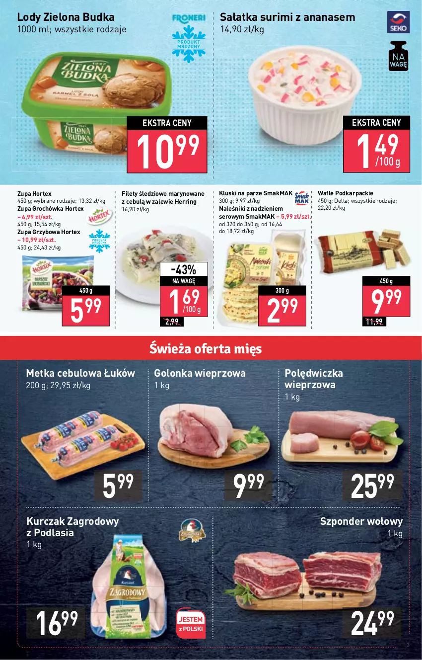 Gazetka promocyjna Stokrotka - Market - ważna 10.11 do 16.11.2022 - strona 3 - produkty: Ananas, Golonka wieprzowa, Groch, Hortex, Karp, Kluski na parze, Kurczak, Lody, Naleśniki, Polędwiczka wieprzowa, Sałat, Sałatka, Ser, Surimi, Szponder wołowy, Wafle, Zielona Budka, Zupa