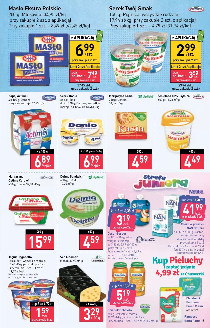 Gazetka promocyjna Stokrotka - Market - ważna 10.11 do 16.11.2022 - strona 5 - produkty: Actimel, Bell, Bella, BoboVita, Chusteczki, Danio, Danone, Delma, Deser, Gerber, Jogobella, Jogurt, Kasia, Margaryna, Masło, Mleko, Mleko w proszku, Mlekovita, NAN Optipro, Napój, Optima, Optima Cardio, Pampers, Piątnica, Pieluchy, Ser, Serek, Twój Smak, Zott