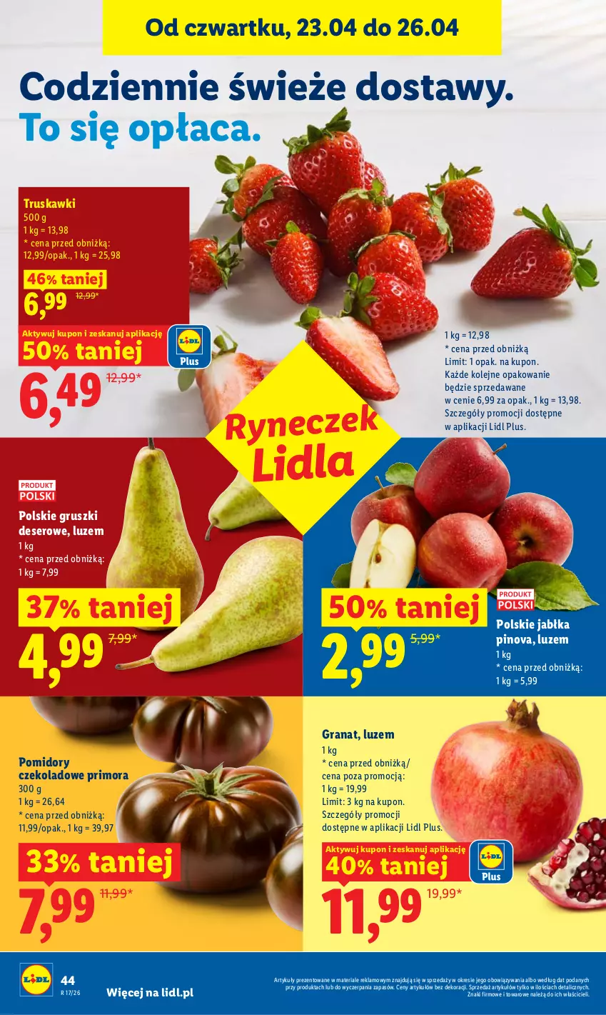 Gazetka promocyjna Lidl - Gazetka ważna od 23.04 do 26.04 - ważna 23.04 do 26.04.2026 - strona 44 - produkty: Deser, Gra, Granat, Gruszki, Jabłka, Olej, Pomidory, Ser, Truskawki