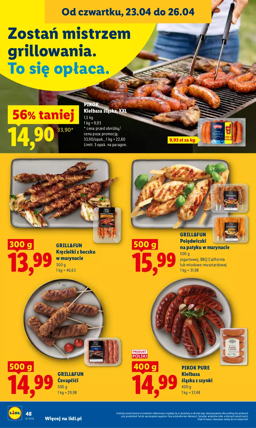 Gazetka promocyjna Lidl - Gazetka ważna od 23.04 do 26.04 - ważna 23.04 do 26.04.2026 - strona 48 - produkty: Grill, Jogurt, Kiełbasa, Kiełbasa śląska, Mus, PIKOK, Pur