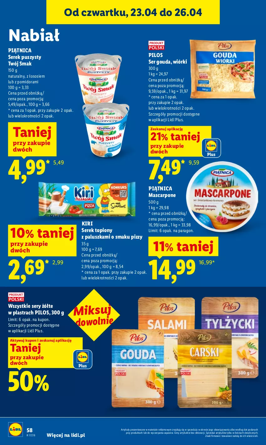 Gazetka promocyjna Lidl - Gazetka ważna od 23.04 do 26.04 - ważna 23.04 do 26.04.2026 - strona 58 - produkty: Gouda, Mascarpone, Piątnica, Pilos, Ser, Serek, Serek puszysty, Sos, Top, Twój Smak