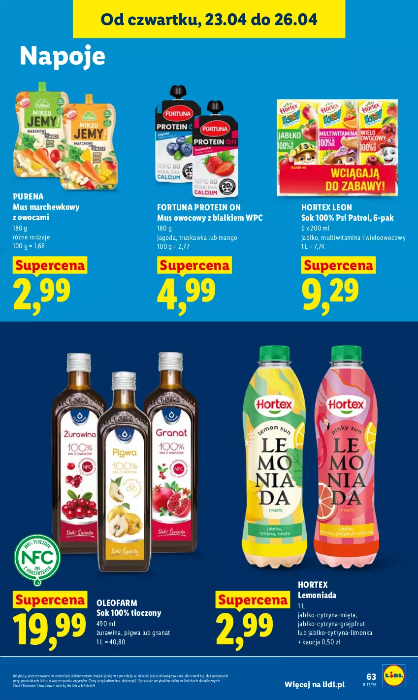 Gazetka promocyjna Lidl - Gazetka ważna od 23.04 do 26.04 - ważna 23.04 do 26.04.2026 - strona 63 - produkty: Fa, Fortuna, Gra, Granat, Grejpfrut, Hortex, Lemoniada, Leon, Limonka, Mango, Mięta, Mus, Napoje, Oleo, Oleofarm, Psi Patrol, Pur, Sok