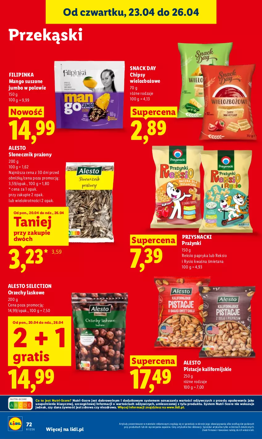 Gazetka promocyjna Lidl - Gazetka ważna od 23.04 do 26.04 - ważna 23.04 do 26.04.2026 - strona 72 - produkty: Chipsy, Gra, Inka, Mango, Mango suszone, Papryka, Pistacje, Przysnacki, Słonecznik prażony