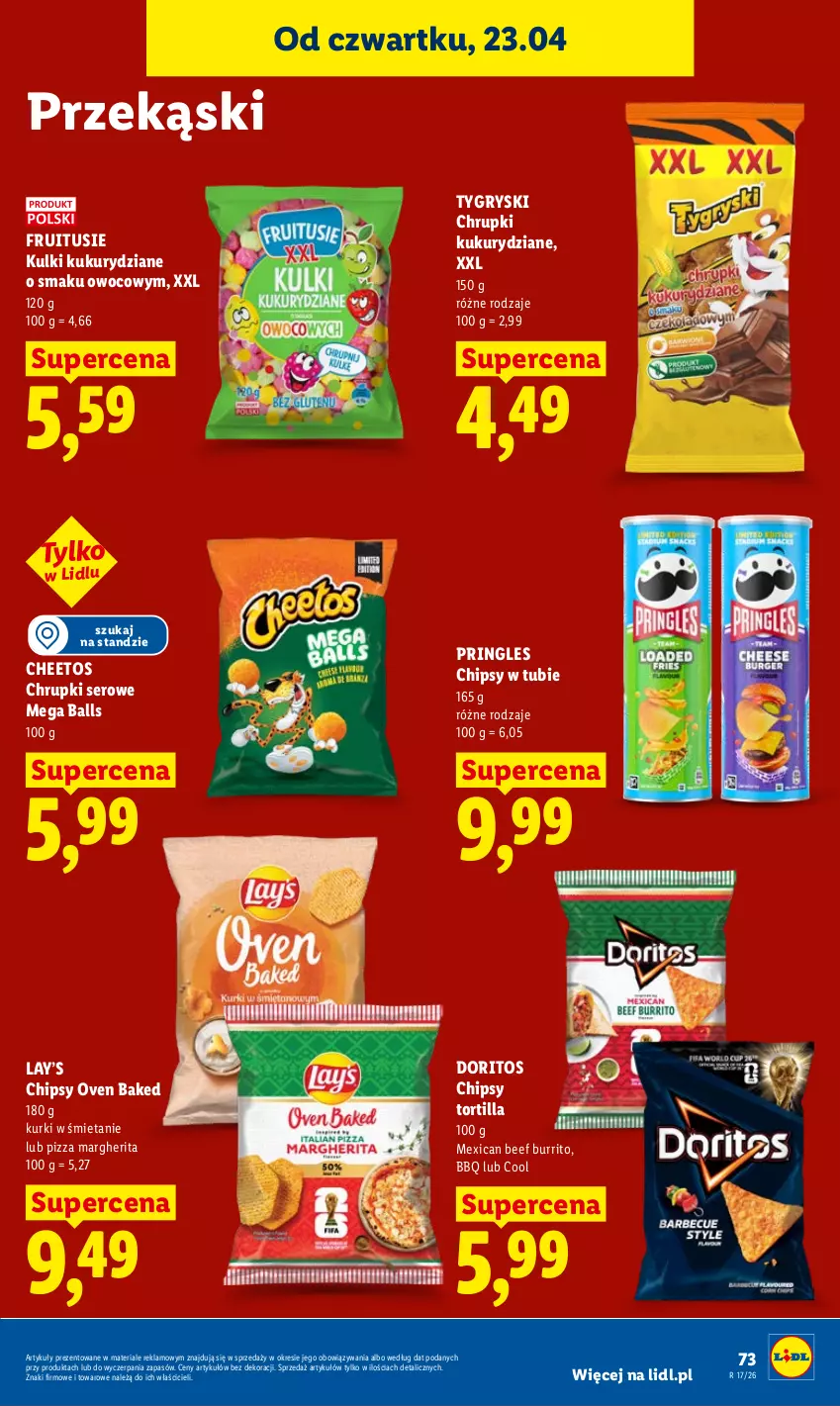 Gazetka promocyjna Lidl - Gazetka ważna od 23.04 do 26.04 - ważna 23.04 do 26.04.2026 - strona 73 - produkty: Cheetos, Chipsy, Chrupki, Gry, Lay’s, Pizza, Pizza margherita, Pringles, Ser, Tortilla