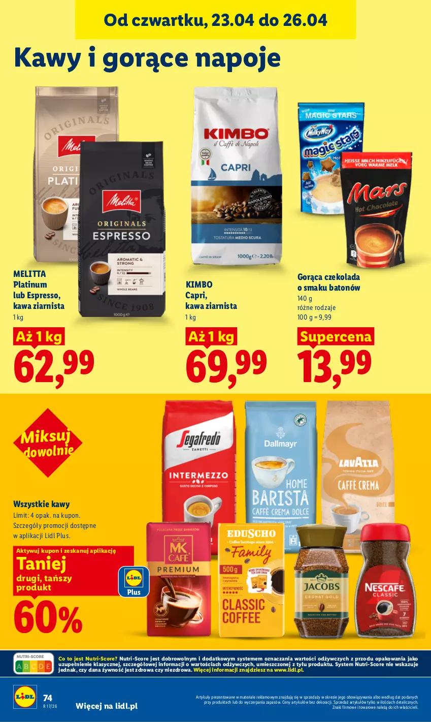 Gazetka promocyjna Lidl - Gazetka ważna od 23.04 do 26.04 - ważna 23.04 do 26.04.2026 - strona 74 - produkty: Baton, Czekolada, Kawa, Kawa ziarnista, Napoje