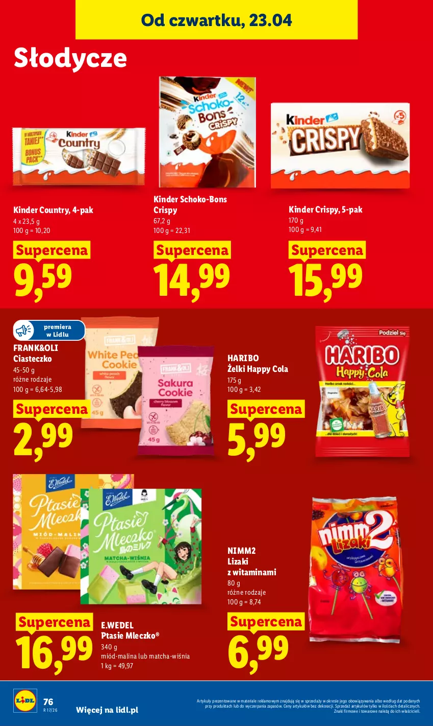Gazetka promocyjna Lidl - Gazetka ważna od 23.04 do 26.04 - ważna 23.04 do 26.04.2026 - strona 76 - produkty: Haribo, Kinder, Lizaki, Miód, Mleczko, Nimm2, Ptasie mleczko