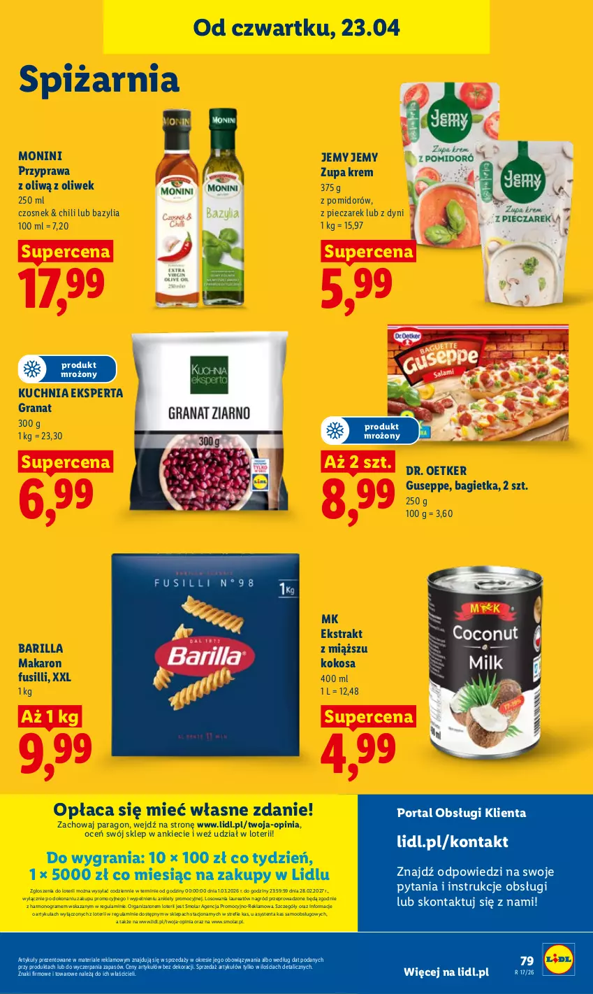 Gazetka promocyjna Lidl - Gazetka ważna od 23.04 do 26.04 - ważna 23.04 do 26.04.2026 - strona 79 - produkty: Bagietka, Barilla, Bazyl, Bazylia, Czosnek, Dr. Oetker, Gra, Granat, Kokos, Kuchnia, Laur, Makaron, Mola, Monini, Piec, Por, Portal, Zupa