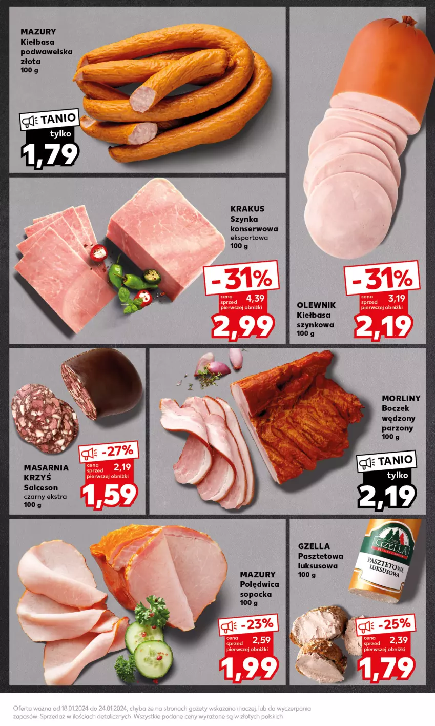 Gazetka promocyjna Kaufland - Mocny Start - ważna 22.01 do 24.01.2024 - strona 17 - produkty: Boczek, Kiełbasa, Kiełbasa podwawelska, Kiełbasa szynkowa, Krakus, Morliny, Olewnik, Pasztet, Polędwica, Por, Salceson, Ser, Sport, Szynka, Szynka konserwowa, Wawel