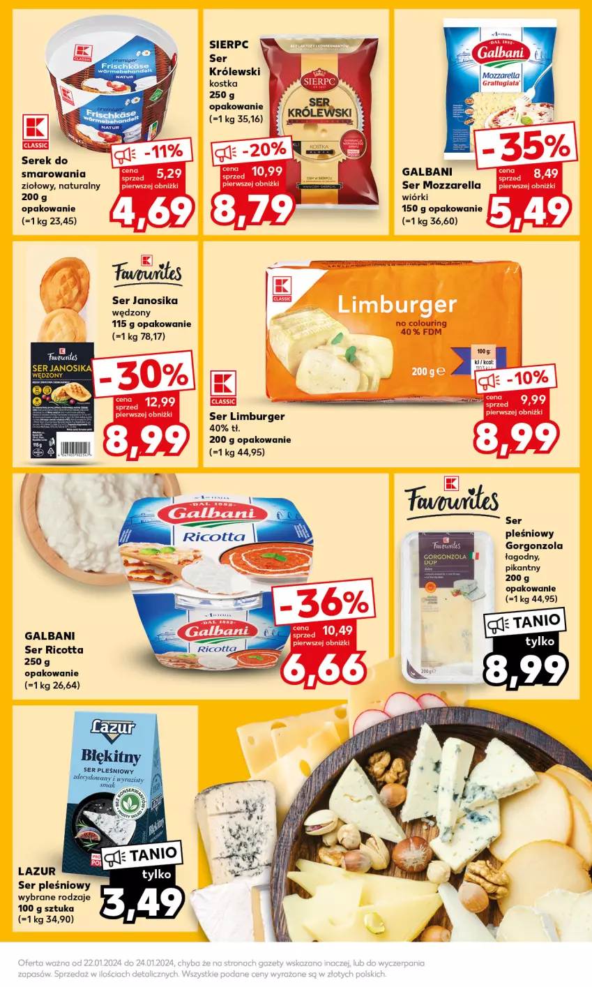 Gazetka promocyjna Kaufland - Mocny Start - ważna 22.01 do 24.01.2024 - strona 21 - produkty: Burger, Fa, Galbani, Gorgonzola, Gra, Królewski, Lazur, Limburger, Mozzarella, Ricotta, Ser, Ser pleśniowy, Serek