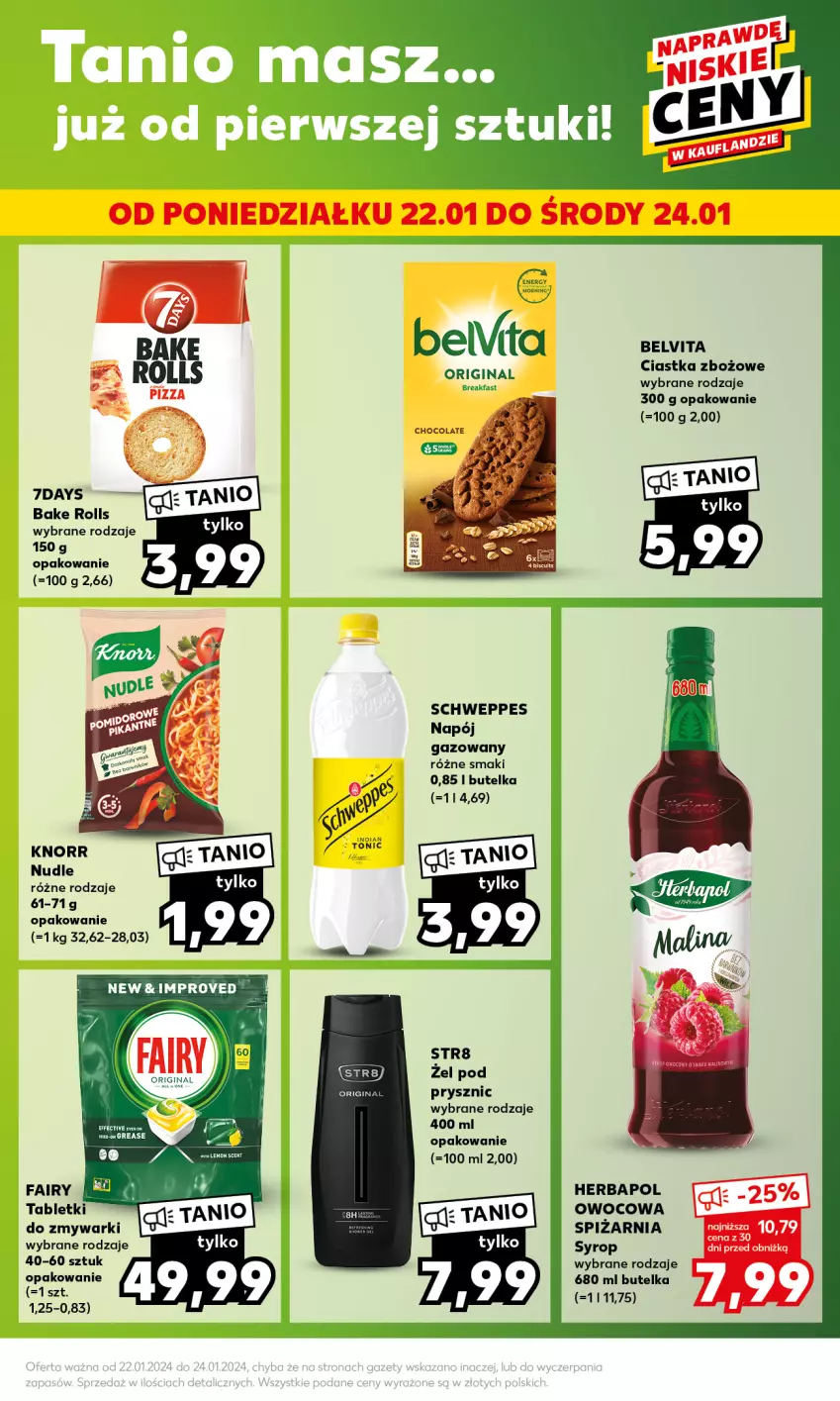 Gazetka promocyjna Kaufland - Mocny Start - ważna 22.01 do 24.01.2024 - strona 9 - produkty: Bake Rolls, BelVita, Ciastka, Fa, Gin, Herbapol, Knorr, Napój, Napój gazowany, Schweppes, Str8, Syrop, Tablet, Tabletki do zmywarki, Vita C, Zmywarki