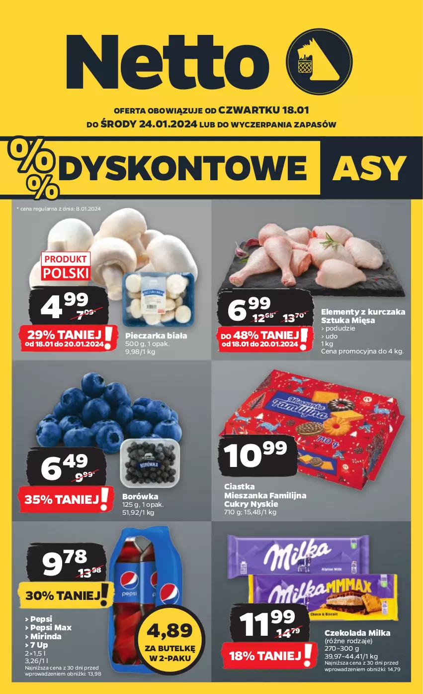 Gazetka promocyjna Netto - Artykuły spożywcze - ważna 18.01 do 24.01.2024 - strona 1 - produkty: Borówka, Ciastka, Czekolada, Fa, Kurczak, Milka, Mirinda, Pepsi, Pepsi max, Piec, Pieczarka