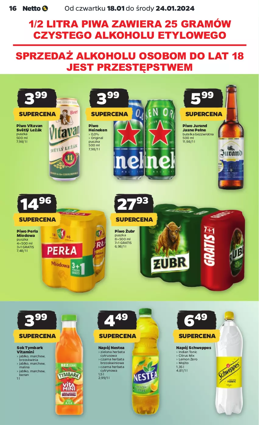 Gazetka promocyjna Netto - Artykuły spożywcze - ważna 18.01 do 24.01.2024 - strona 16 - produkty: Gin, Gra, Heineken, Herbata, Napój, Nestea, Perła, Piwa, Piwo, Schweppes, Sok, Tymbark