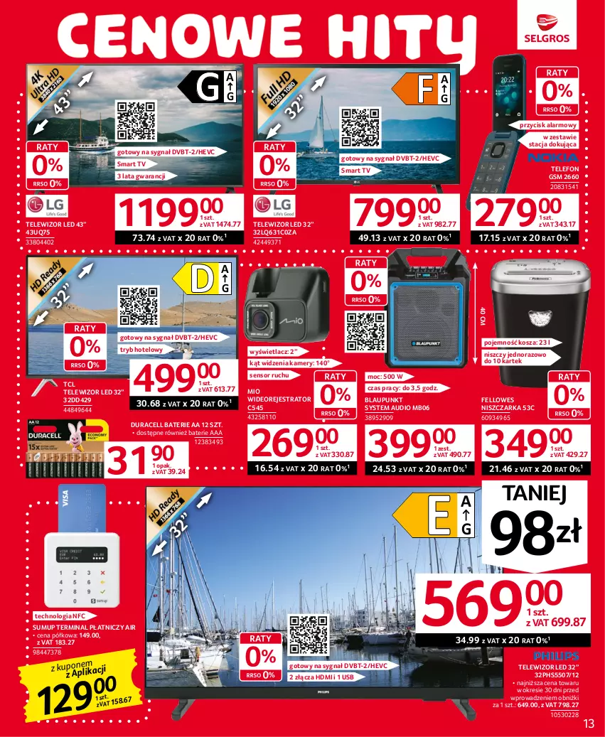 Gazetka promocyjna Selgros - Oferta przemysłowa - ważna 29.06 do 12.07.2023 - strona 13 - produkty: Duracell, Kamery, Kosz, Niszczarka, Smart tv, Telefon, Telewizor, Wideorejestrator