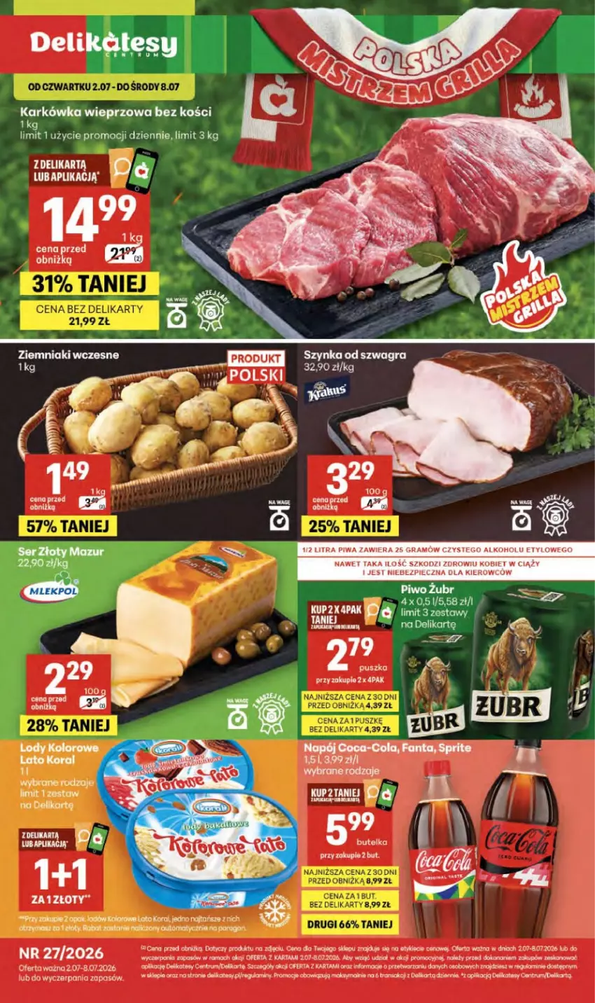 Gazetka promocyjna Delikatesy Centrum - Franczyza DC27 Czwartek - ważna 02.07 do 08.07.2026 - strona 1 - produkty: Gra, Karkówka wieprzowa, LG, Piec, Piwo, Rama, Rum, Szynka, Tran