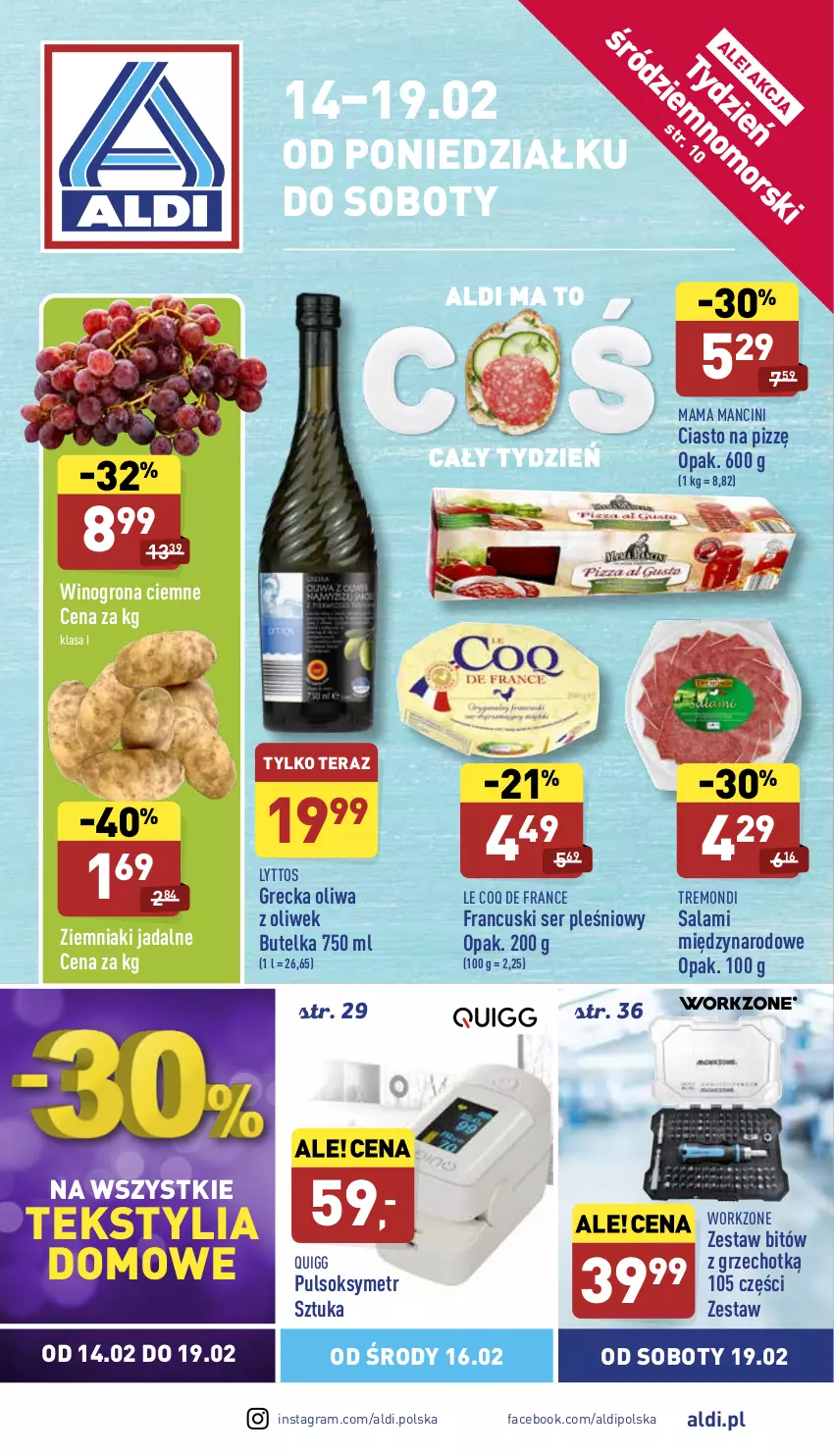 Gazetka promocyjna Aldi - Pełny katalog - ważna 14.02 do 19.02.2022 - strona 1 - produkty: Bitów z grzechotką, Fa, Gra, Oliwa z oliwek, Pulsoksymetr, Salami, Ser, Ser pleśniowy, Sok, Tera, Wino, Winogrona, Ziemniaki