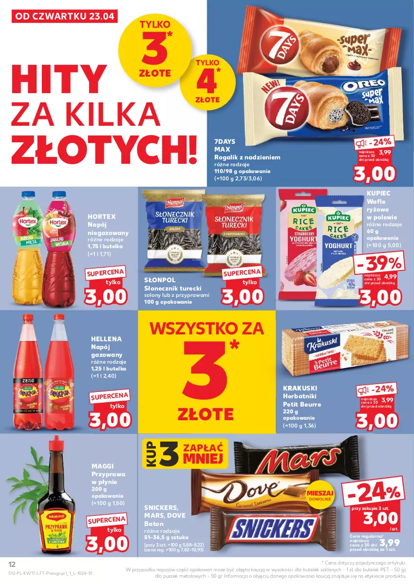 Gazetka promocyjna Ziko - Gazetka Ziko Dermo - ważna 22.04 do 27.05.2026 - strona 12 - produkty: Baton, Dove, Hellena, Herbatniki, Herbatniki Petit Beurre, Hortex, Krakus, Krakuski, Kupiec, Maggi, Mars, Napój, Napój gazowany, Napój niegazowany, Piec, Przyprawa w płynie, Rogal, Ryż, Słonecznik turecki, Słonpol, Snickers, Sok, Wafle