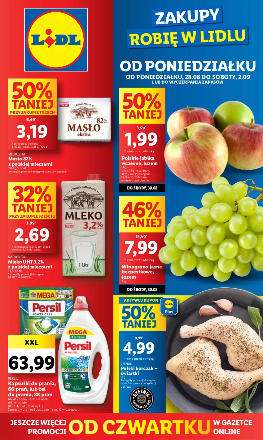 Gazetka promocyjna Lidl - GAZETKA - ważna 28.08 do 02.09.2023 - strona 1 - produkty: Gra, Jabłka, Kapsułki do prania, Kurczak, Masło, Mleko, Mlekovita, Olej, Persil, Wino