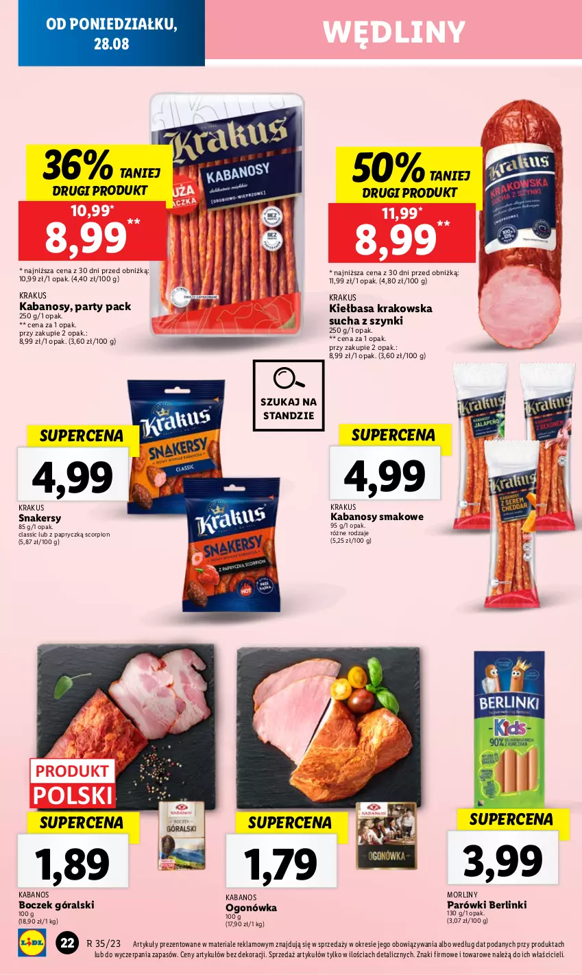 Gazetka promocyjna Lidl - GAZETKA - ważna 28.08 do 02.09.2023 - strona 36 - produkty: Berlinki, Boczek, Kabanos, Kiełbasa, Kiełbasa krakowska, Krakus, Morliny, Ogonówka, Parówki