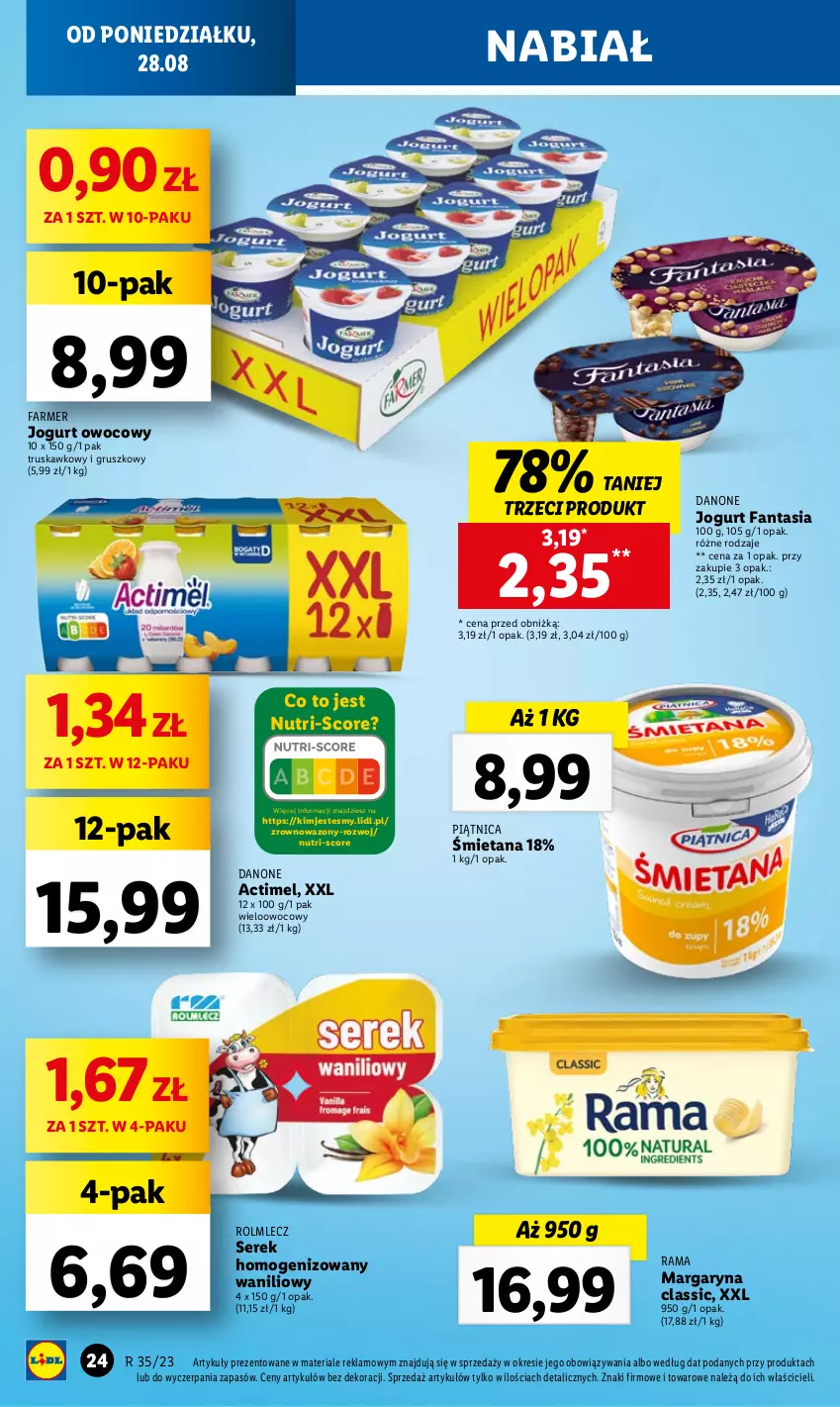 Gazetka promocyjna Lidl - GAZETKA - ważna 28.08 do 02.09.2023 - strona 38 - produkty: Actimel, Danone, Fa, Fanta, Jogurt, Jogurt owocowy, Margaryna, Piątnica, Rama, Rolmlecz, Ser, Serek, Serek homogenizowany, Wazon