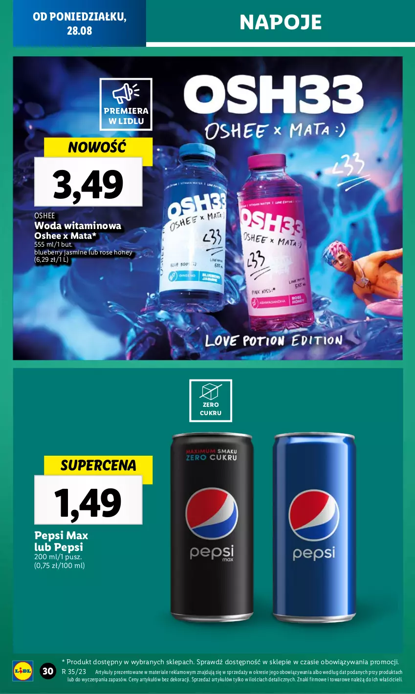 Gazetka promocyjna Lidl - GAZETKA - ważna 28.08 do 02.09.2023 - strona 44 - produkty: Napoje, Oshee, Pepsi, Pepsi max, Woda