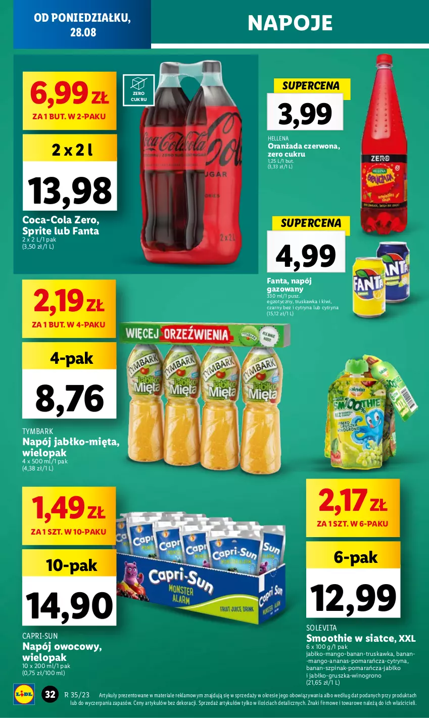 Gazetka promocyjna Lidl - GAZETKA - ważna 28.08 do 02.09.2023 - strona 46 - produkty: Ananas, Coca-Cola, Fa, Fanta, Hellena, Kiwi, Mango, Mięta, Napój, Napój gazowany, Napoje, Oranżada, Smoothie, Sprite, Szpinak, Tymbark, Wino