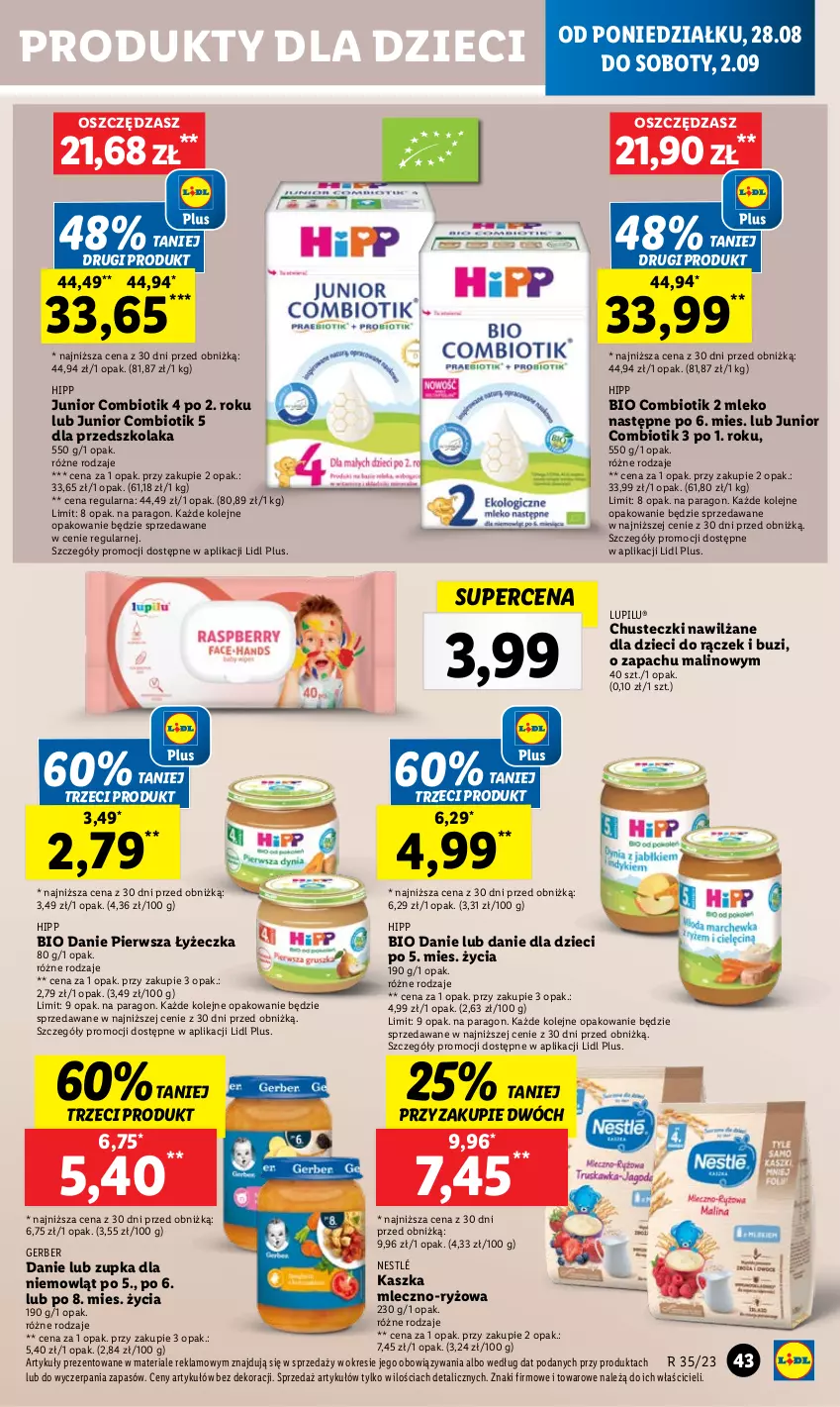 Gazetka promocyjna Lidl - GAZETKA - ważna 28.08 do 02.09.2023 - strona 57 - produkty: Chusteczki, Danie dla dzieci, Dzieci, Gerber, HiPP, Hipp Bio, Mleko, Nestlé, O nas, Olej, Ryż