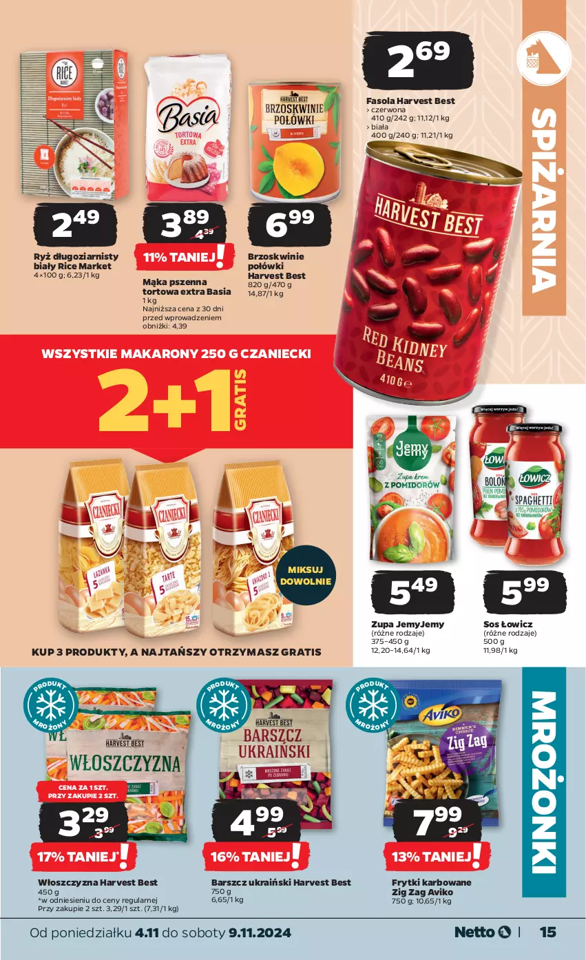 Gazetka promocyjna Netto - Artykuły spożywcze - ważna 04.11 do 09.11.2024 - strona 15 - produkty: Basia, Brzoskwinie, Fa, Fasola, Frytki, Gra, Mąka, Mąka pszenna, Makaron, Ryż, Sos, Zupa