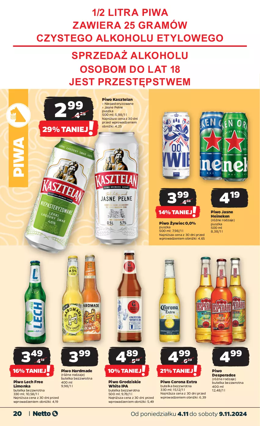 Gazetka promocyjna Netto - Artykuły spożywcze - ważna 04.11 do 09.11.2024 - strona 20 - produkty: Corona Extra, Desperados, Gra, Heineken, Kasztelan, Limonka, Piwa, Piwo, Piwo jasne