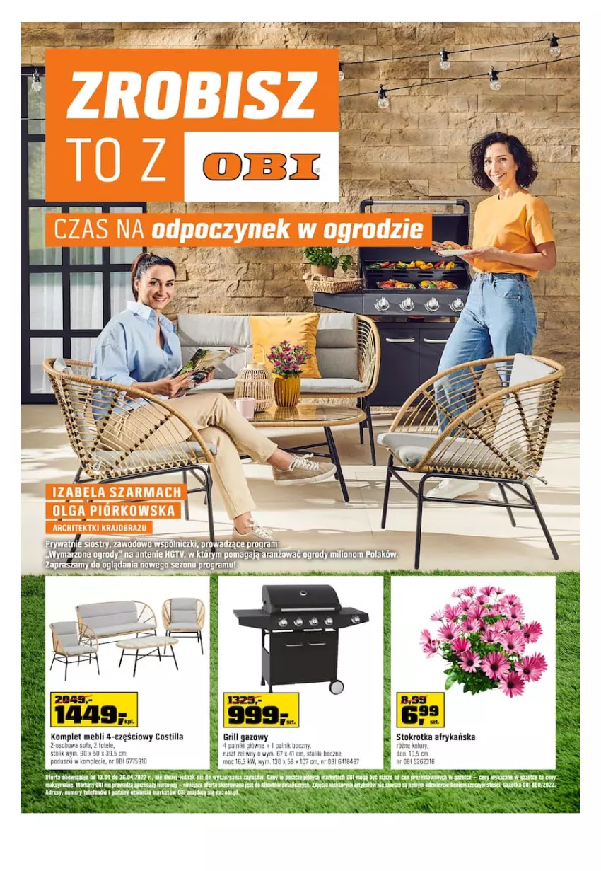 Gazetka promocyjna Obi - Gazetka OBI - ważna 13.04 do 26.04.2022 - strona 1 - produkty: Dres, Fa, Fotel, Grill, Grill gazowy, Sofa, Stolik