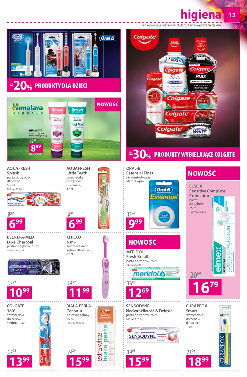 Gazetka promocyjna Hebe - Gazetka - ważna 11.08 do 24.08.2022 - strona 13 - produkty: Aquafresh, Blend-a-Med, Chicco, Colgate, Curaprox, Dzieci, Elmex, Himalaya, LG, Nić dentystyczna, Pasta do zębów, Perła, Sensodyne, Szczoteczka, Szczoteczka do zębów