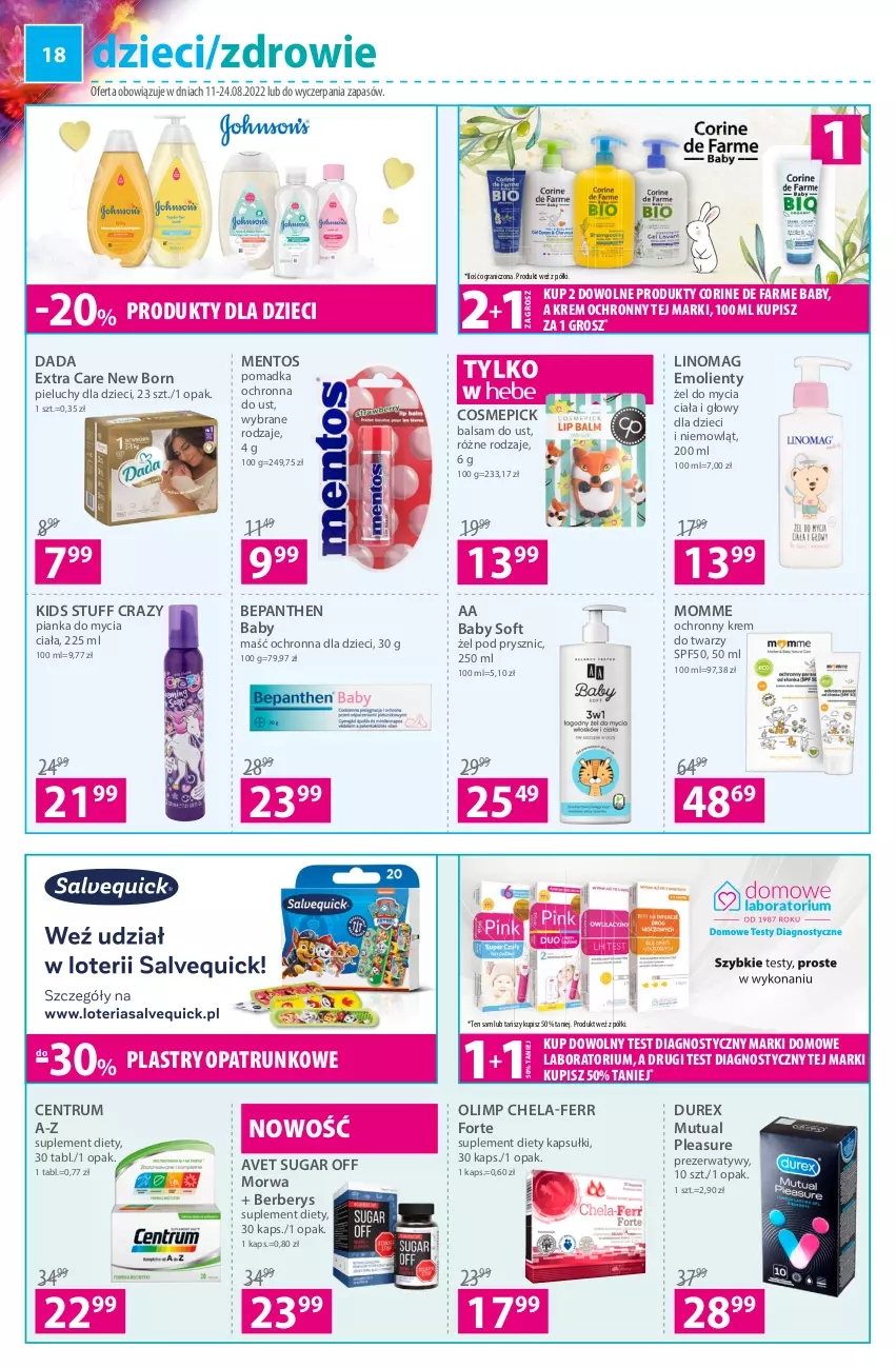 Gazetka promocyjna Hebe - Gazetka - ważna 11.08 do 24.08.2022 - strona 18 - produkty: AA Baby Soft, Balsam do ust, Bepanthen, Centrum A-Z, Dada, Durex, Dzieci, Fa, Gra, Krem do twarzy, Linomag, Mentos, Ochronny krem, Pieluchy, Plastry opatrunkowe, Prezerwatyw, Rum, Suplement diety, Zdrowie