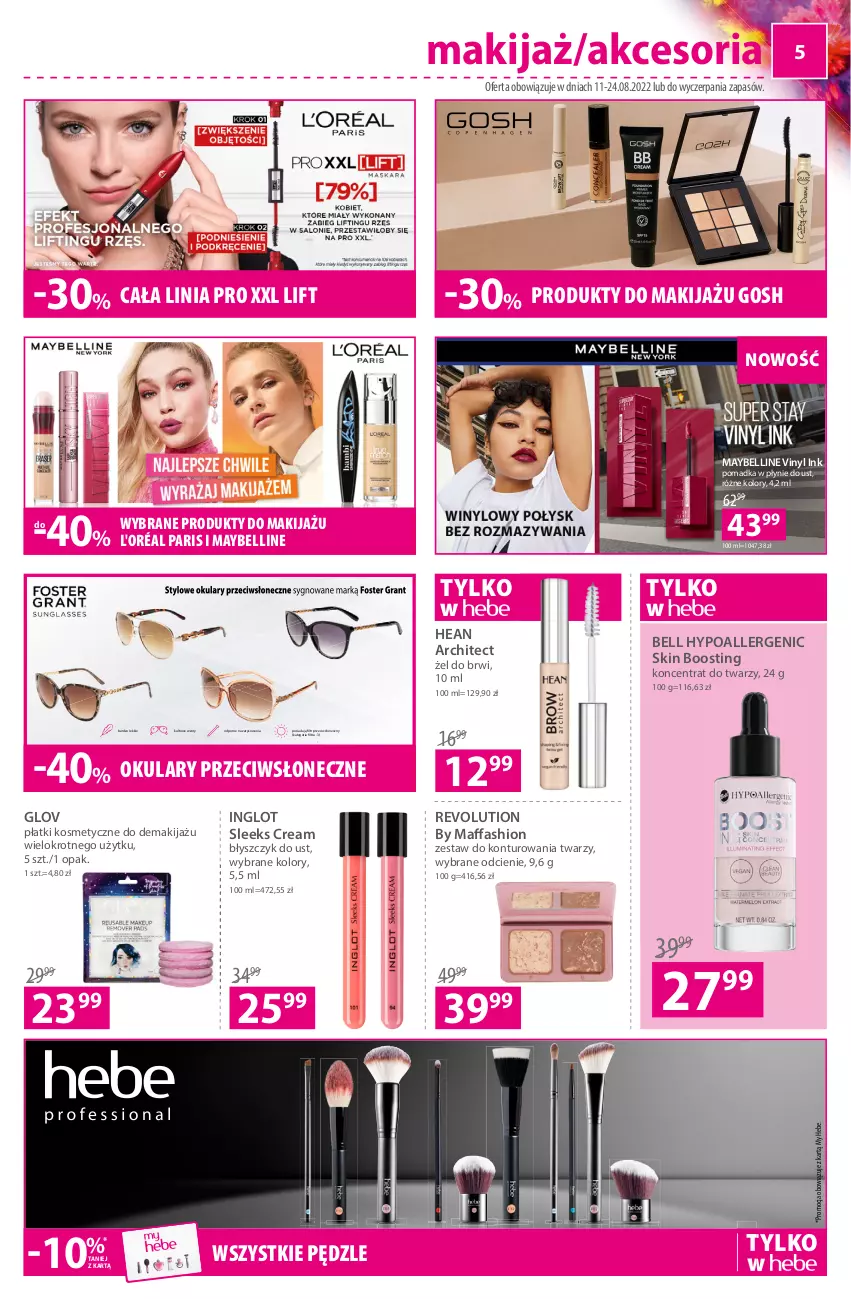 Gazetka promocyjna Hebe - Gazetka - ważna 11.08 do 24.08.2022 - strona 5 - produkty: Bell, Bell HypoAllergenic, Błyszczyk do ust, Fa, Gosh, Makijaż, Maybelline, Płatki kosmetyczne, Por, Produkty do makijażu