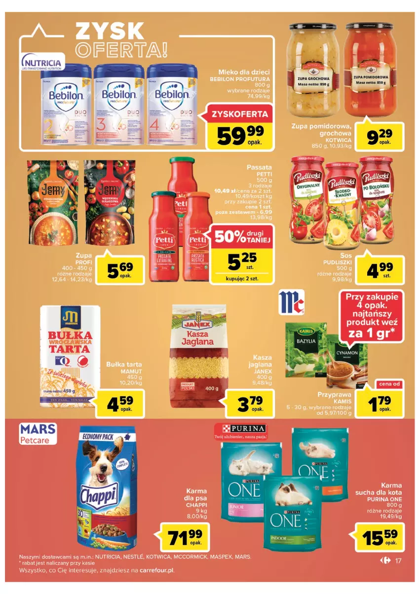 Gazetka promocyjna Carrefour - Gazetka Carrefour Zyskoteka - ważna 19.07 do 30.07.2022 - strona 17 - produkty: BEBILON, Bułka, Bułka tarta, Dzieci, Groch, Kamis, Kasza, Kosz, Mars, Pur, Purina, Tarta, Zupa, Zupa pomidorowa