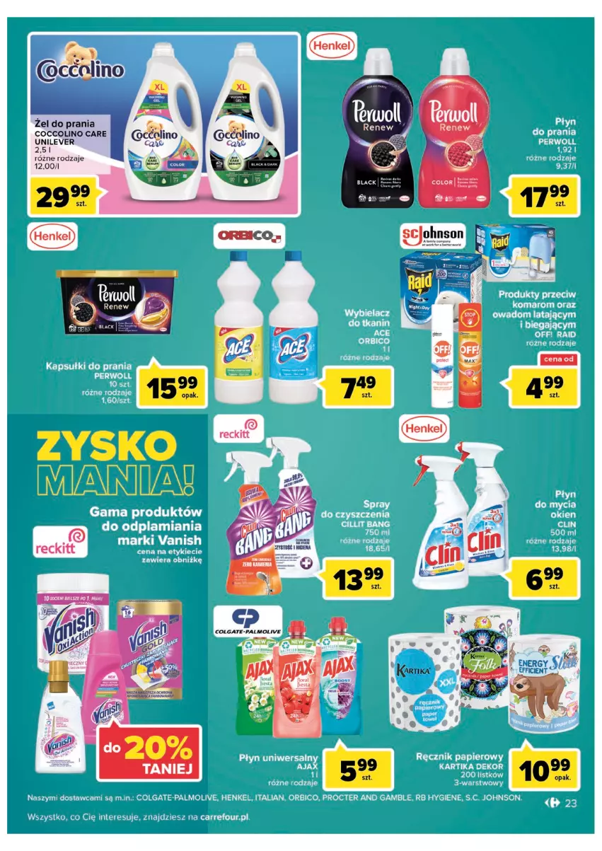 Gazetka promocyjna Carrefour - Gazetka Carrefour Zyskoteka - ważna 19.07 do 30.07.2022 - strona 23 - produkty: Ajax, BIC, Cillit Bang, Clin, Coccolino, Colgate, Kapsułki do prania, LG, Palmolive, Papier, Perwoll, Płyn do mycia, Ręcznik, Spray do czyszczenia, Vanish