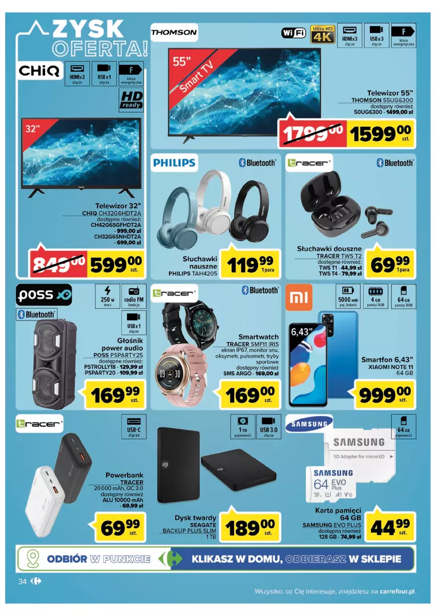 Gazetka promocyjna Carrefour - Gazetka Carrefour Zyskoteka - ważna 19.07 do 30.07.2022 - strona 34 - produkty: Acer, Głośnik, Karta pamięci, Monitor, Philips, Por, Powerbank, Samsung, Słuchawki, Smartfon, Smartwatch, Sport, Telewizor, Thomson