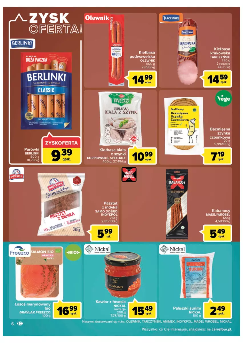 Gazetka promocyjna Carrefour - Gazetka Carrefour Zyskoteka - ważna 19.07 do 30.07.2022 - strona 6 - produkty: Berlinki, Kiełbasa, Kiełbasa biała, Madej Wróbel, Olewnik, Parówki, Szynka, Tarczyński