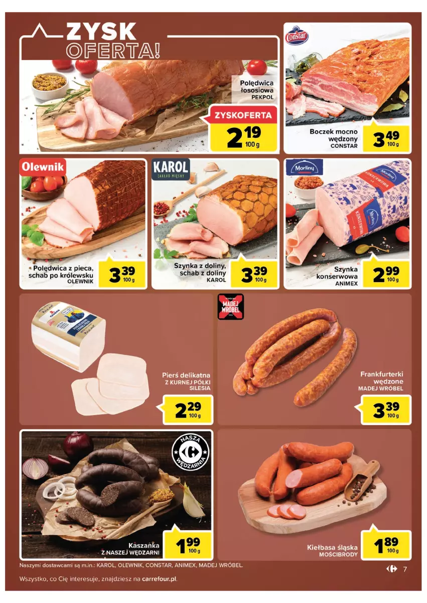 Gazetka promocyjna Carrefour - Gazetka Carrefour Zyskoteka - ważna 19.07 do 30.07.2022 - strona 7 - produkty: Boczek, Frankfurterki, Kiełbasa, Kiełbasa śląska, LG, Madej Wróbel, Olewnik, Pekpol, Piec, Polędwica, Ser, Sos, Szynka